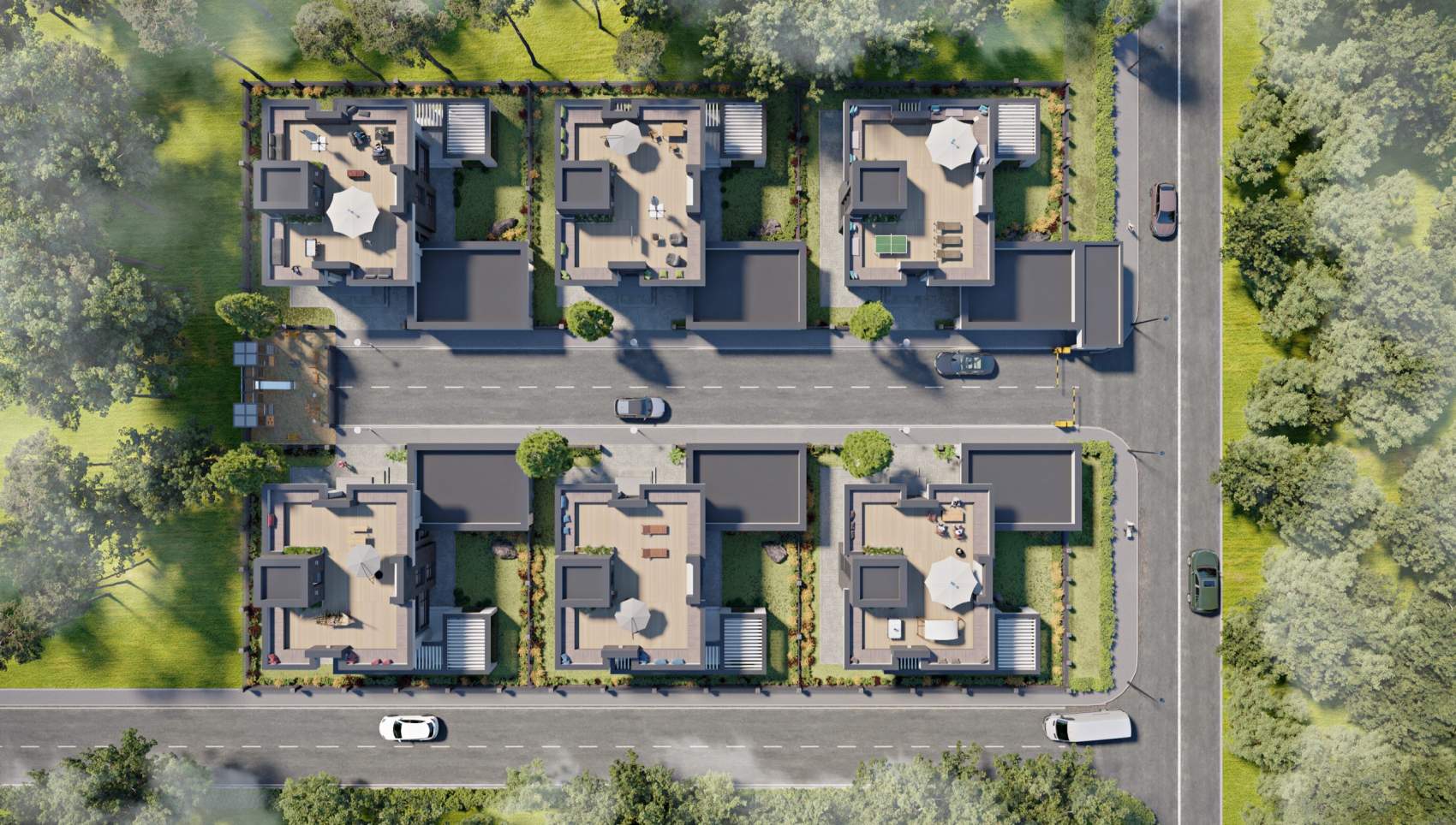 Aerial view of a townhouse village / gated community in the fogg